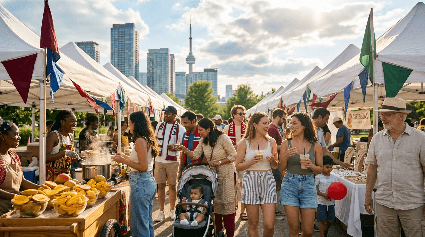 One Love Market at Canoe Landing in CityPlace, with vendor tents, families, food carts, and the CN Tower in the background